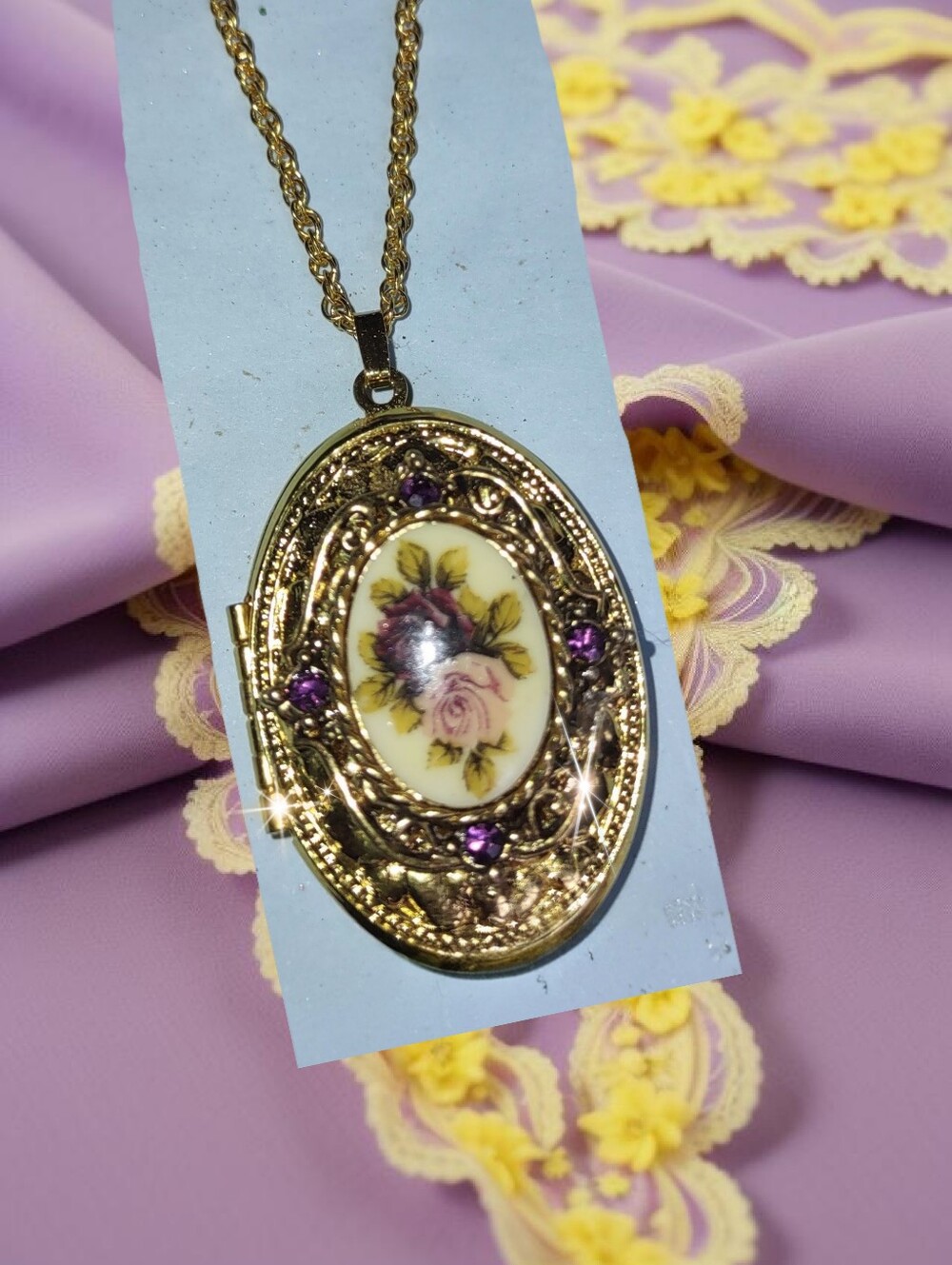 1928 Purple Amethyst Crystal Floral Atop Gold Locket Pendant